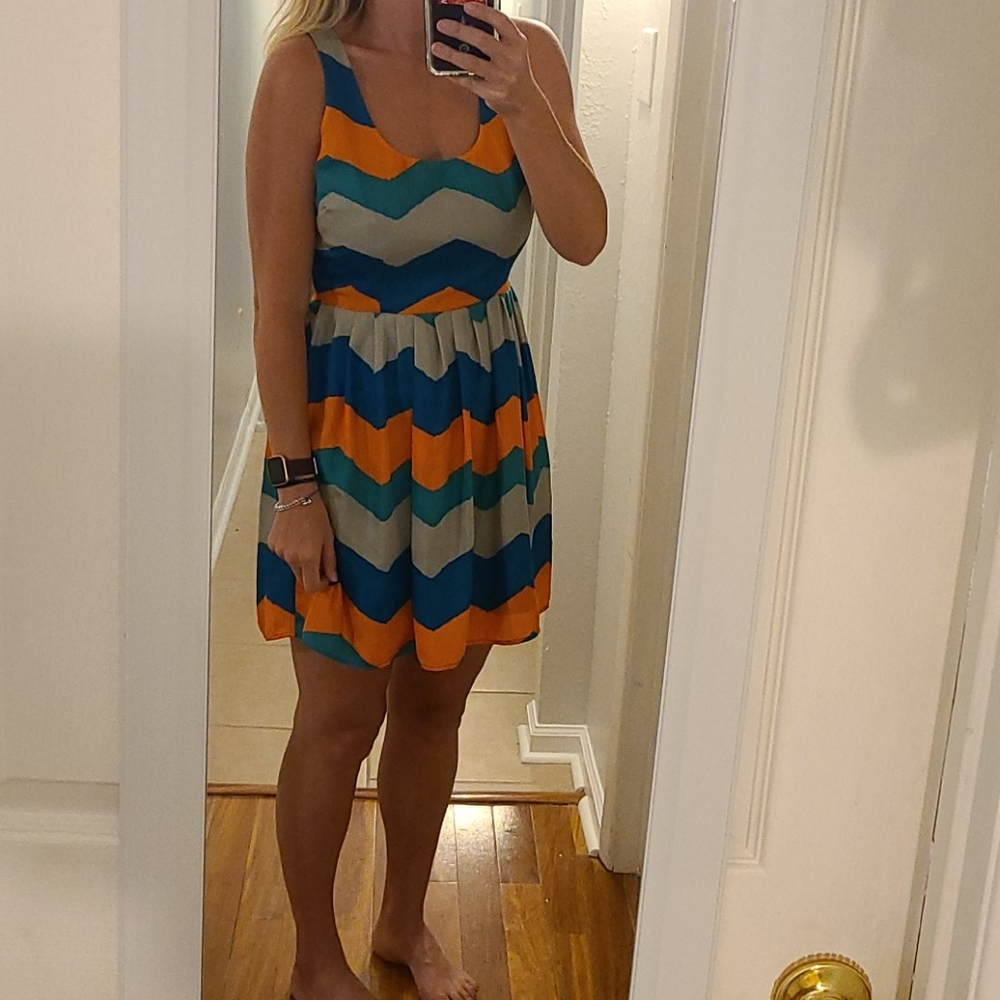 Boutique summer dress - orange, navy, green, tan
